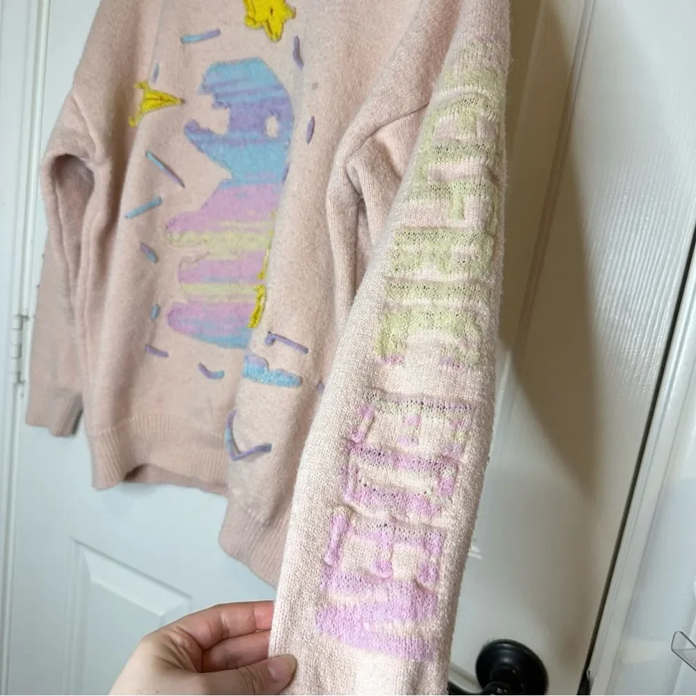 RARE Aelfric Eden Baby Pink Rainbow Dino Logo Stitched Sweater Sz S Indie Skater